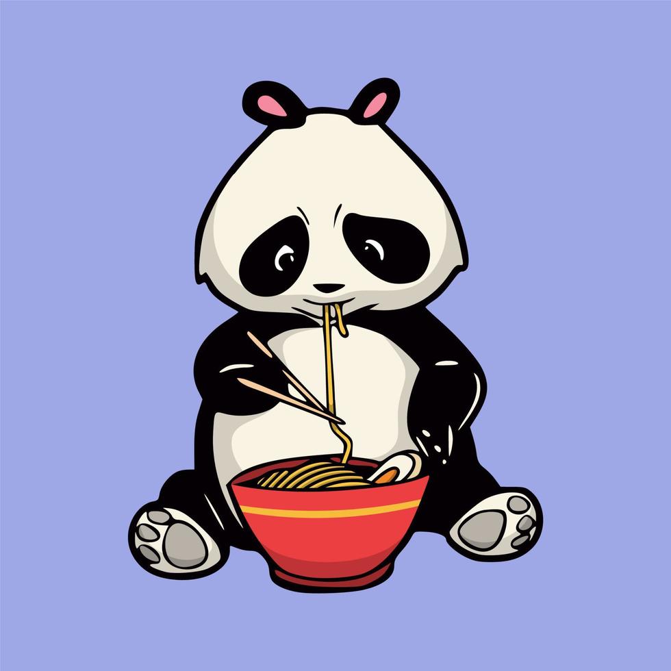 cartoon animal design panda eats ramen cute mascot logo vector