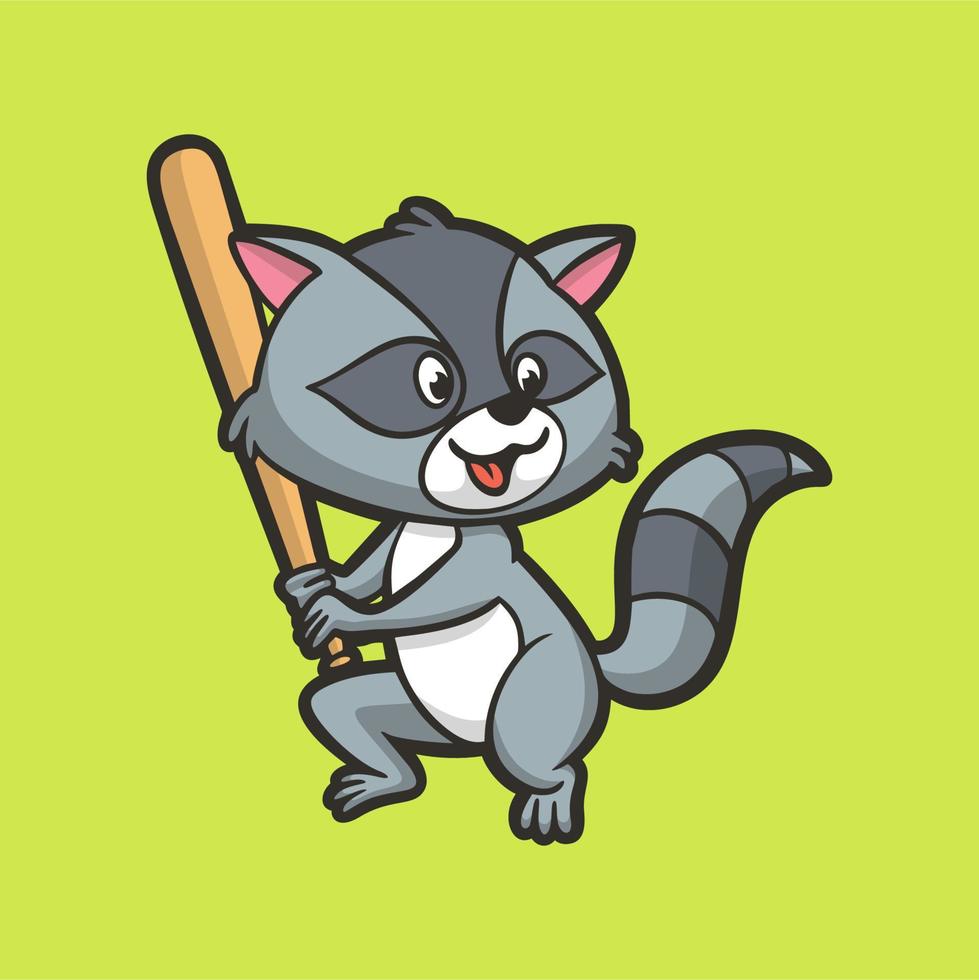 mapache de diseño animal de dibujos animados sosteniendo un logotipo de mascota lindo bate de béisbol vector