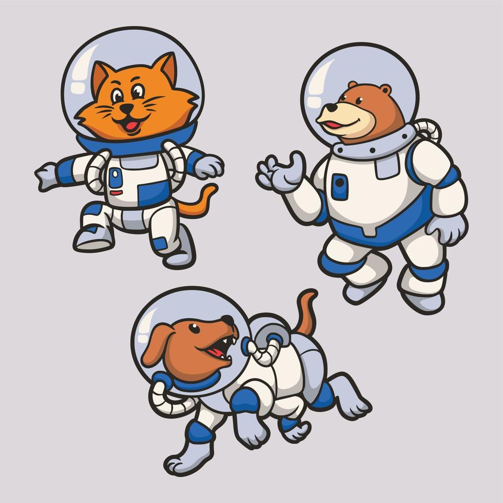 gatos, osos y perros están siendo astronautas paquete de ilustración de mascota con logotipo de animal vector