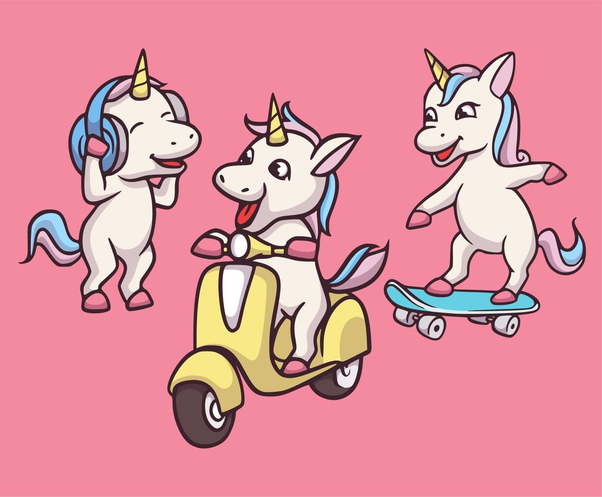 unicornios de diseño de animales de dibujos animados escuchan música, andan en motos y patinetas ilustración de mascota linda vector