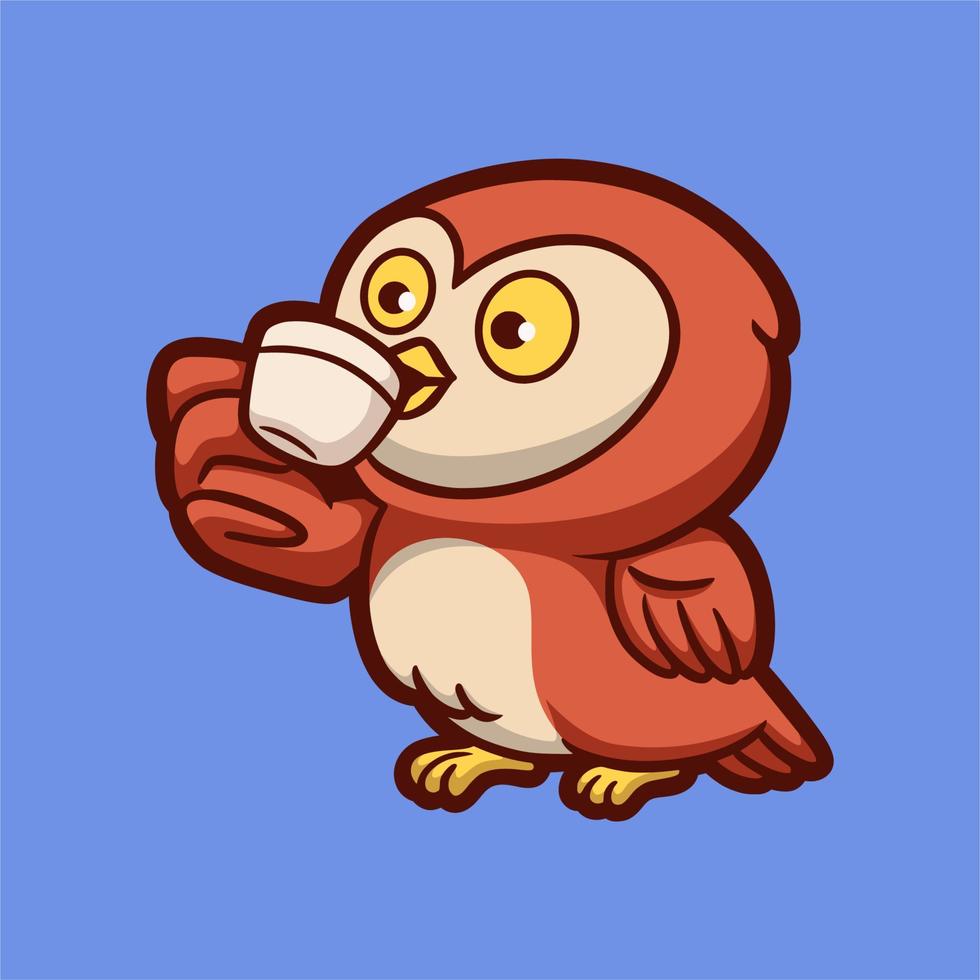 cartoon animal design owl drinking a cup of drink cute mascot logo vector