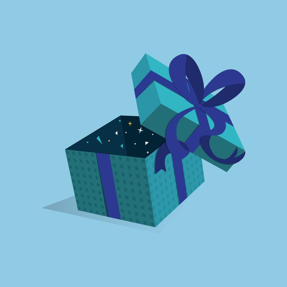 Caja de regalo azul abierta con ilustración de cinta púrpura sobre fondo aislado vector