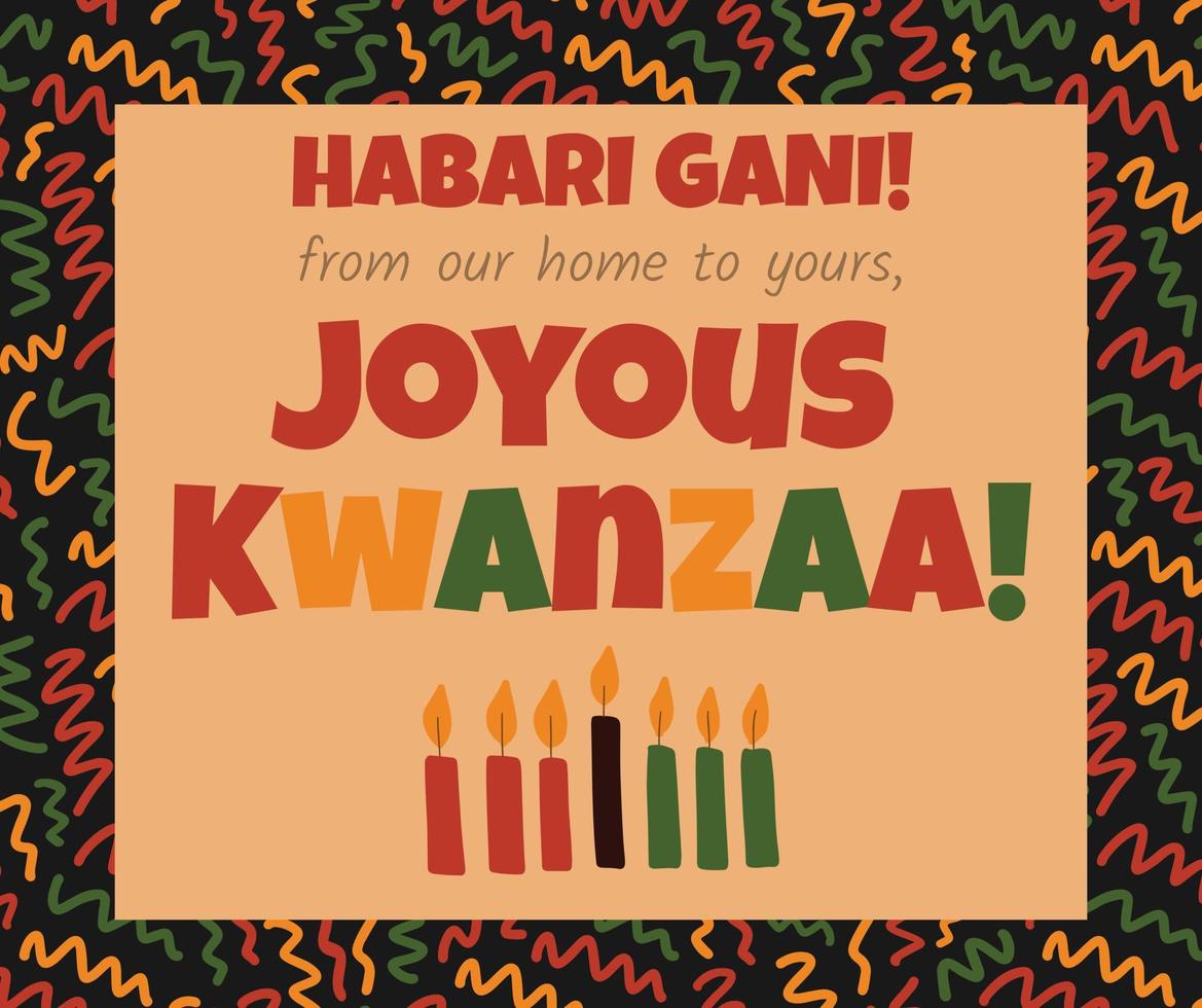 tarjeta de felicitación para publicación en las redes sociales wising kwanzaa alegre - fiesta de la herencia afroamericana en EE. UU. siete velas tradicionales mishumaa saba y patrón abstracto colores africanos - rojo, amarillo, verde vector