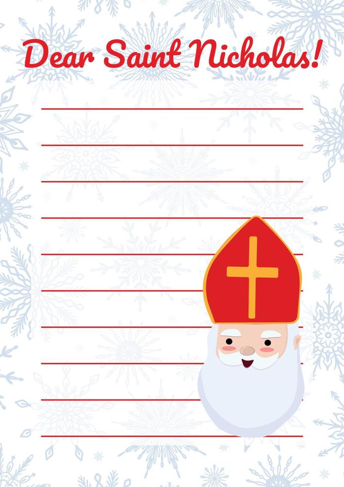 Saint Nicholas letter vector blank empty template with cute face portrait of St Nicholas or Sinterklaas. European winter tradition. Gifts ordering printable mail note