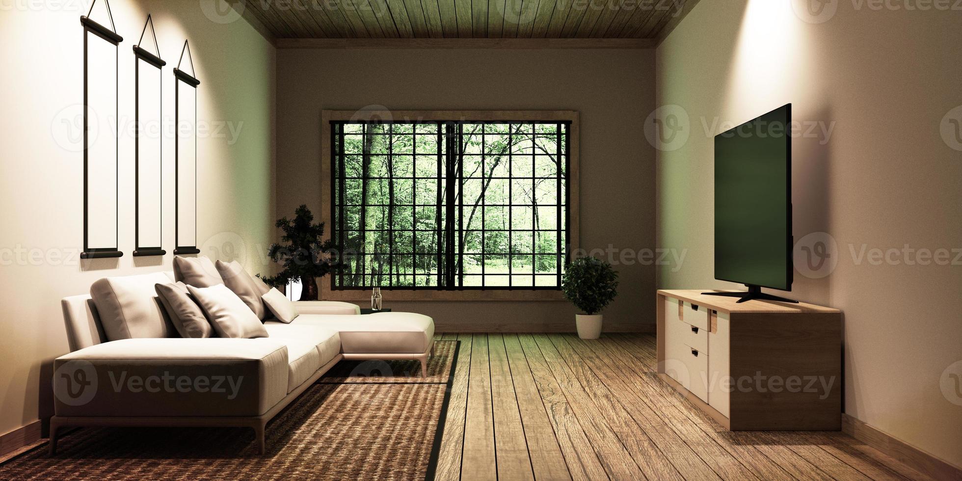 TV in modern white empty room interior,Designed for Japanese style lovers. 3D rednering photo