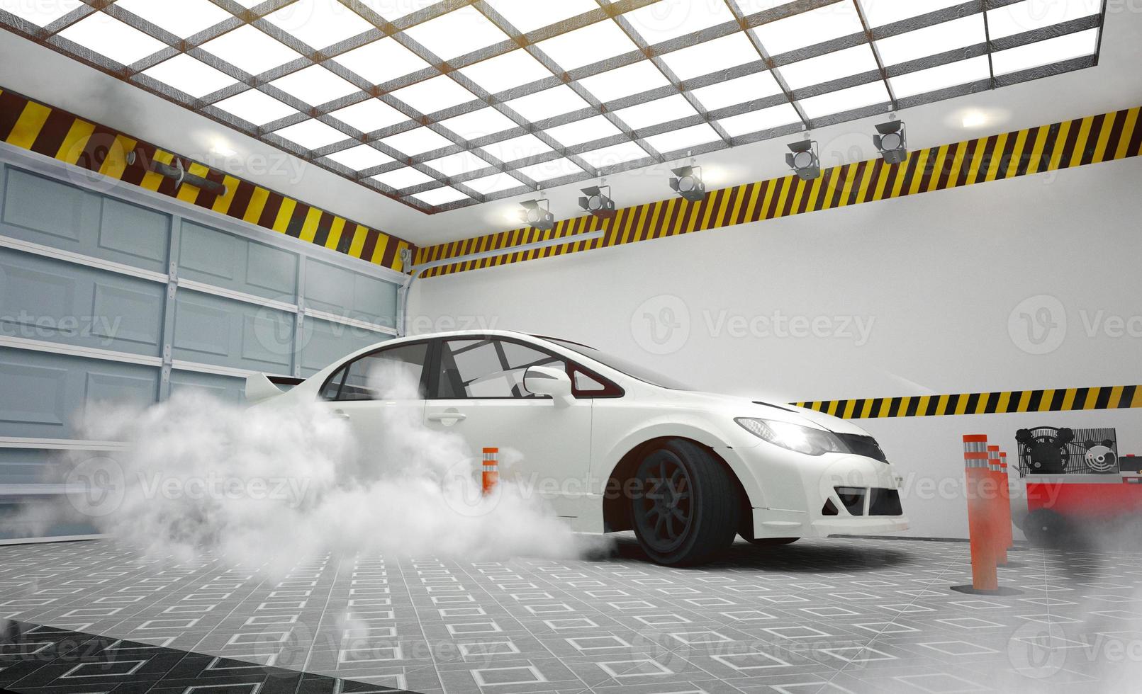 Interior del garaje con coche blanco y efecto de humo en la pared blanca de la habitación y diseño de piso de baldosas. Representación 3d foto