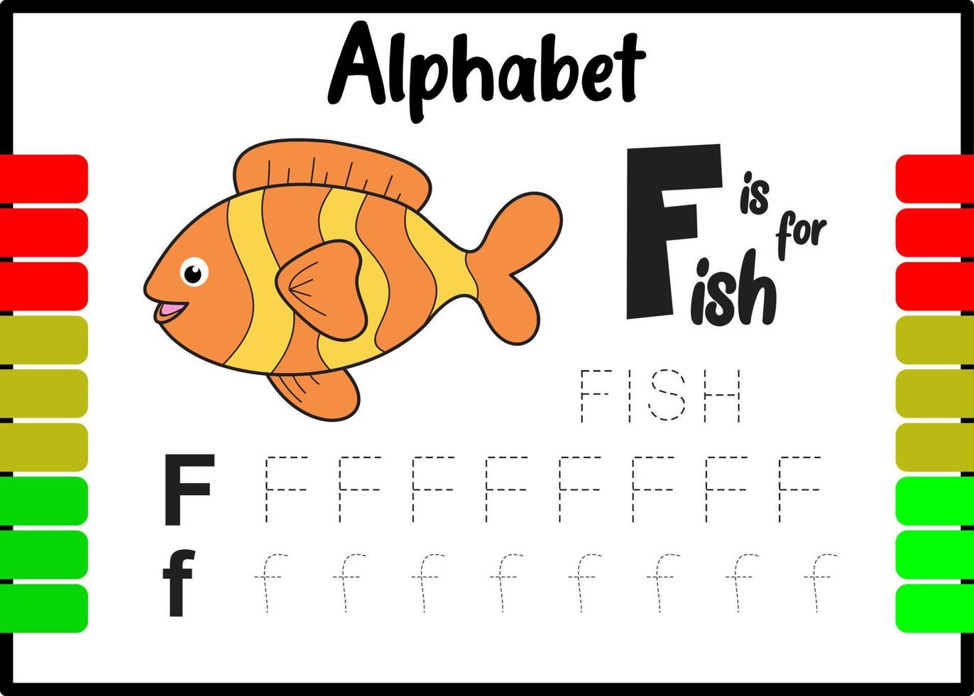 alphabet letter F is for fish. trace the letter for kids. vector