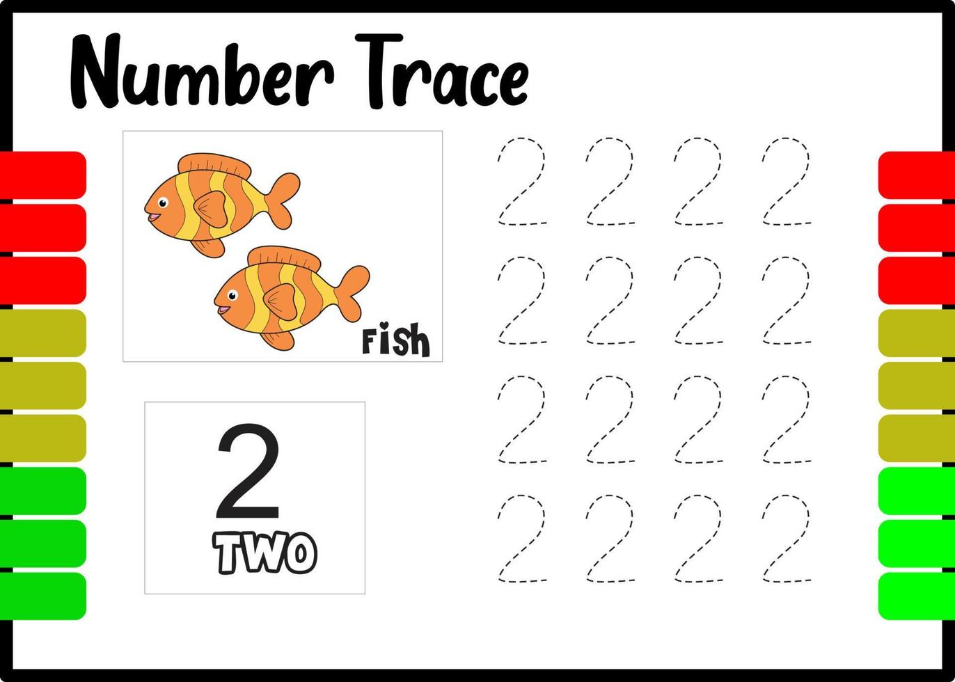 number trace and color fish. tracing number for kids. vector