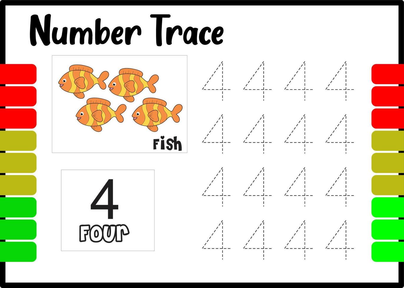 number trace and color fish. tracing number for kids. vector