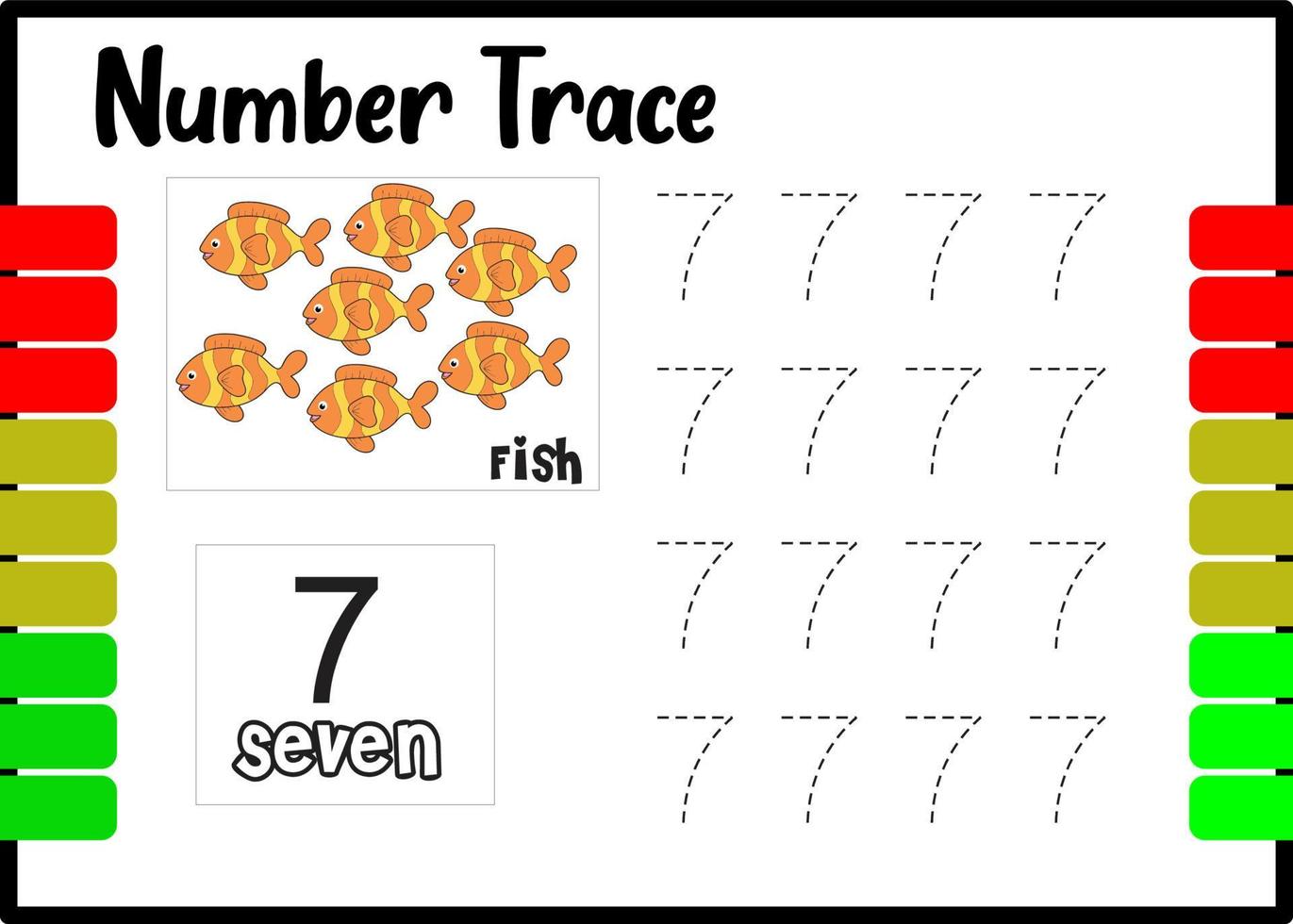 number trace and color fish. tracing number for kids. vector