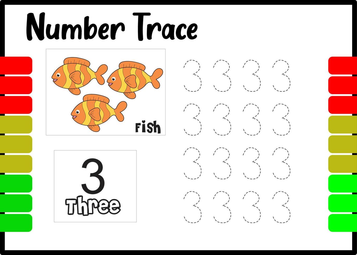 number trace and color fish. tracing number for kids. vector