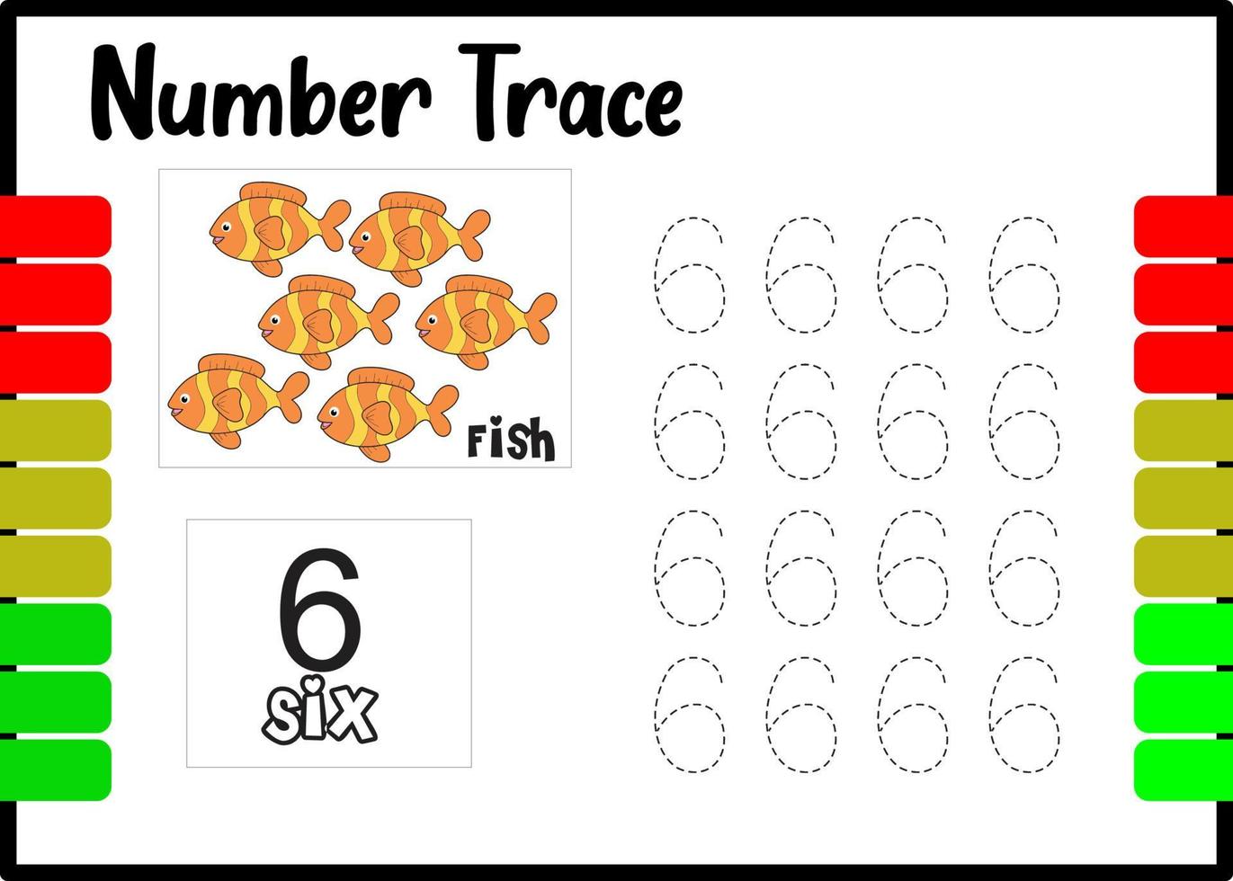 number trace and color fish. tracing number for kids. vector