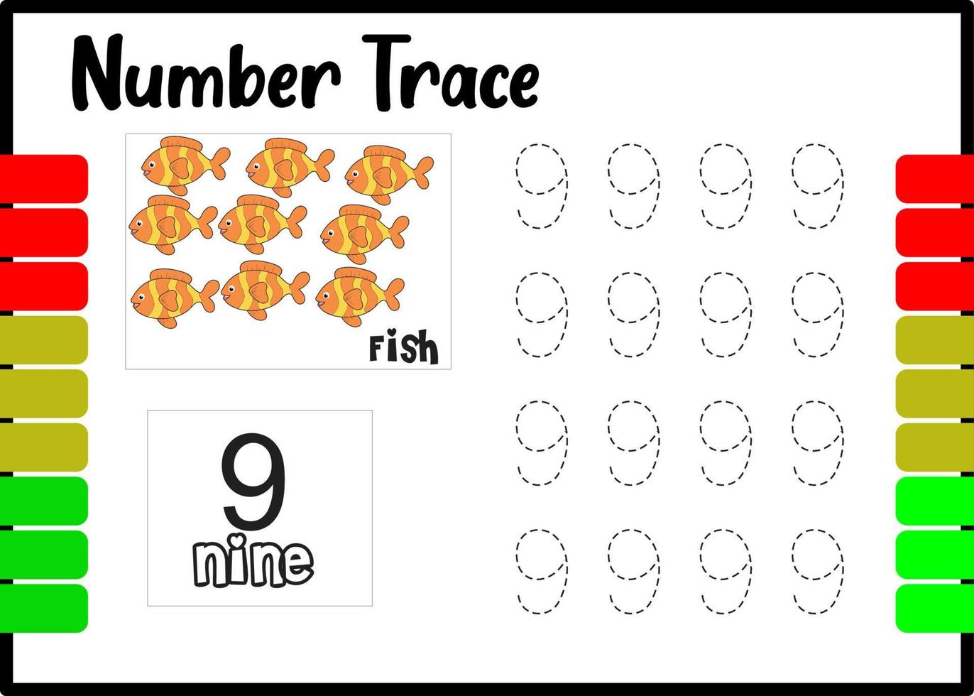 number trace and color fish. tracing number for kids. vector