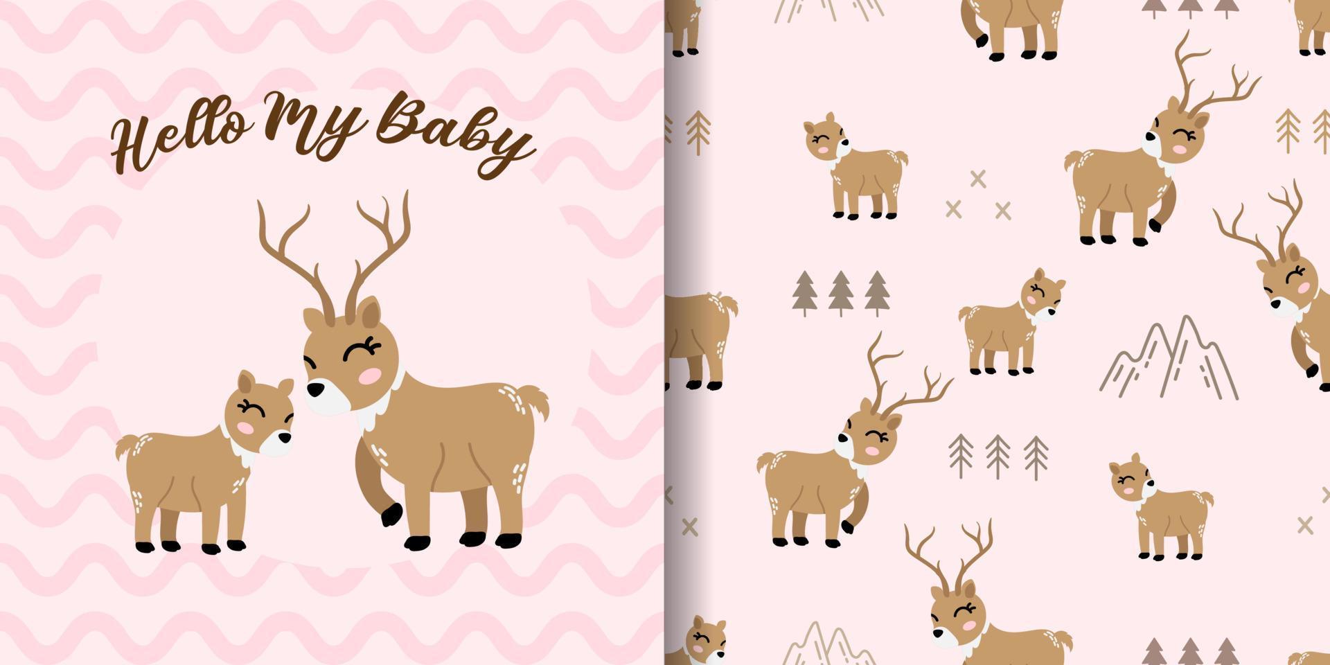 cute animal deer cartoon illustration with seamless pattern set vector