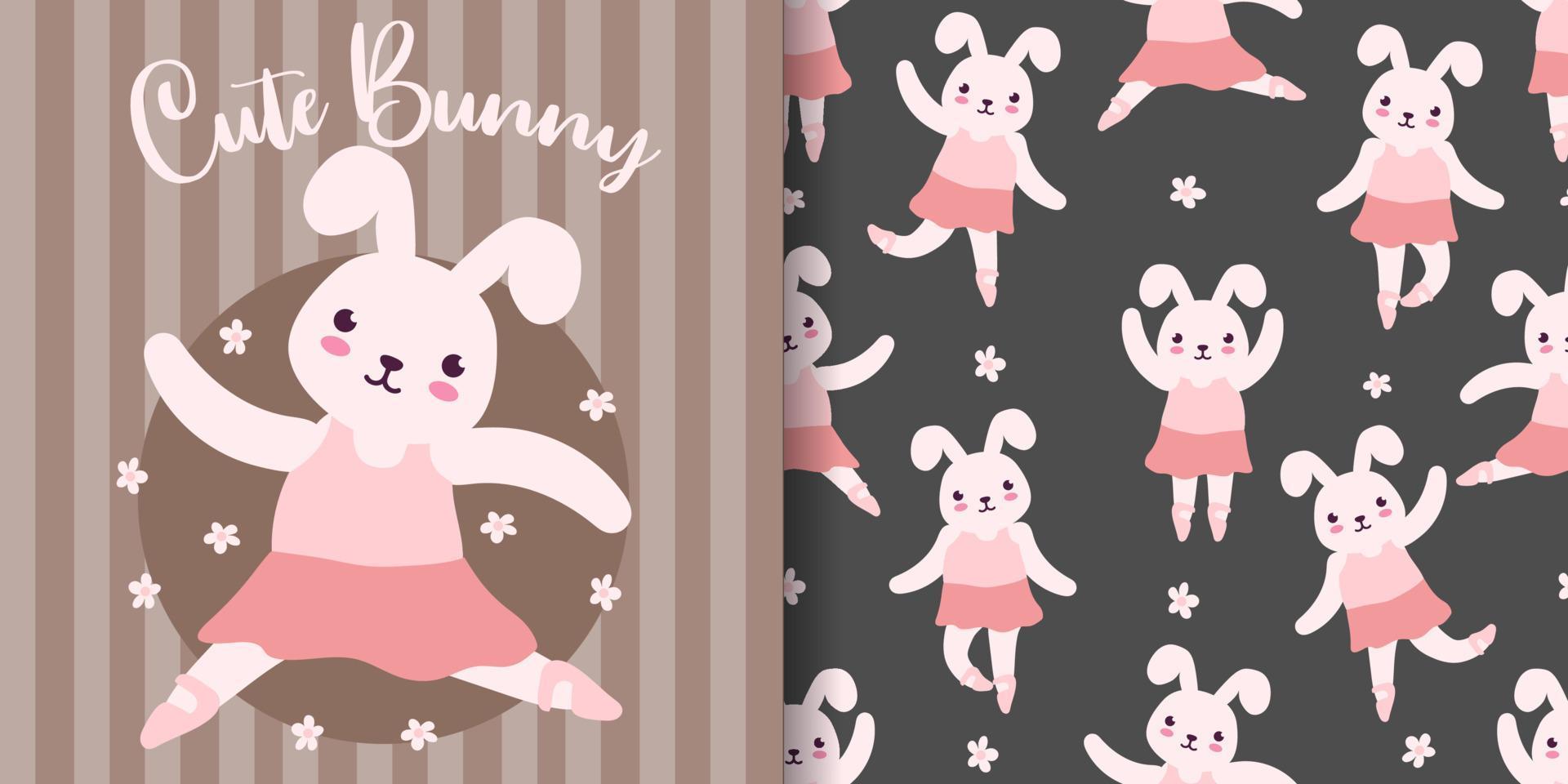 cute animal rabbit bunny cartoon illustration with seamless pattern set vector