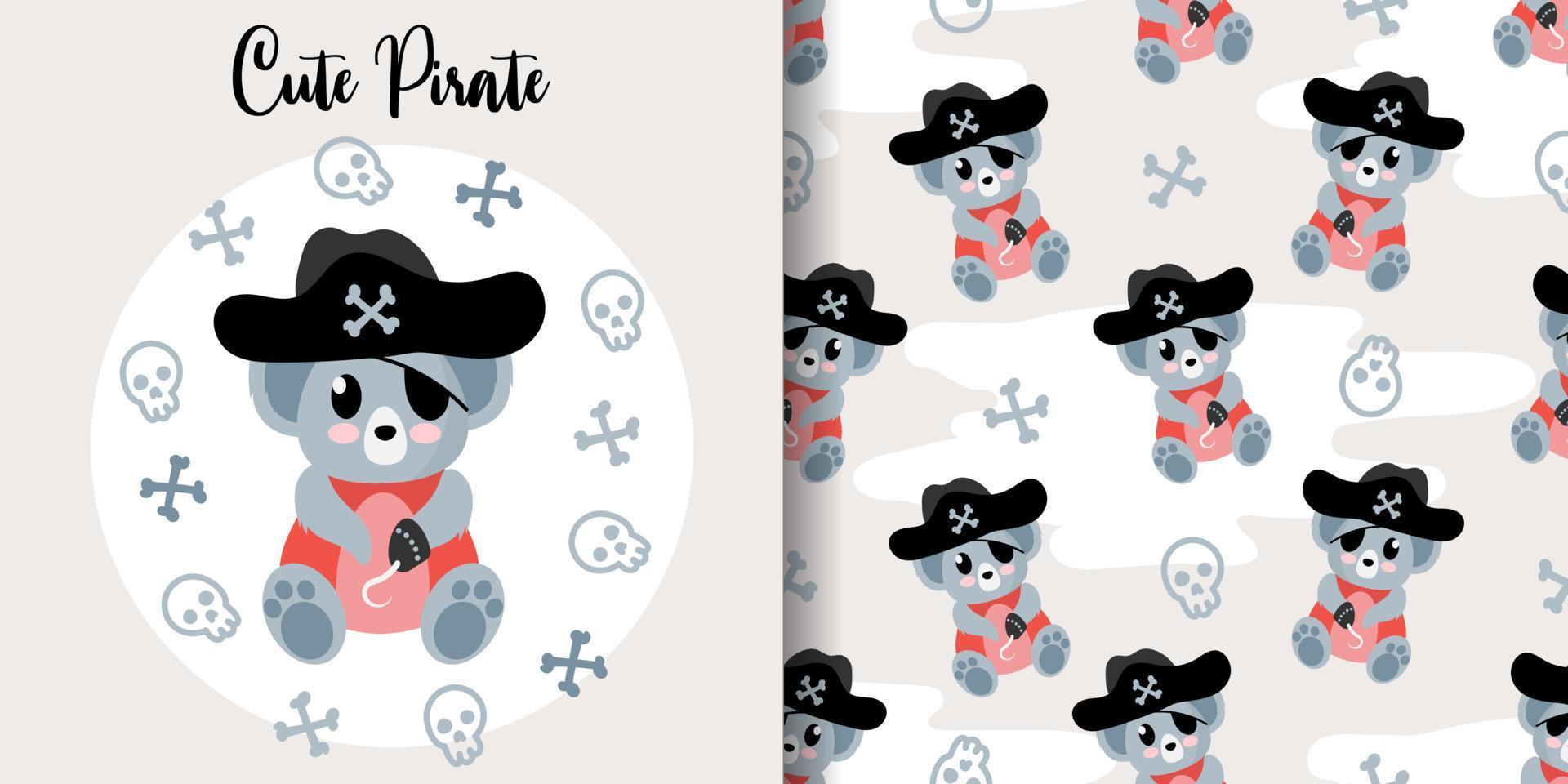 Ilustración de dibujos animados de piratas koala animal lindo con conjunto de patrones sin fisuras vector