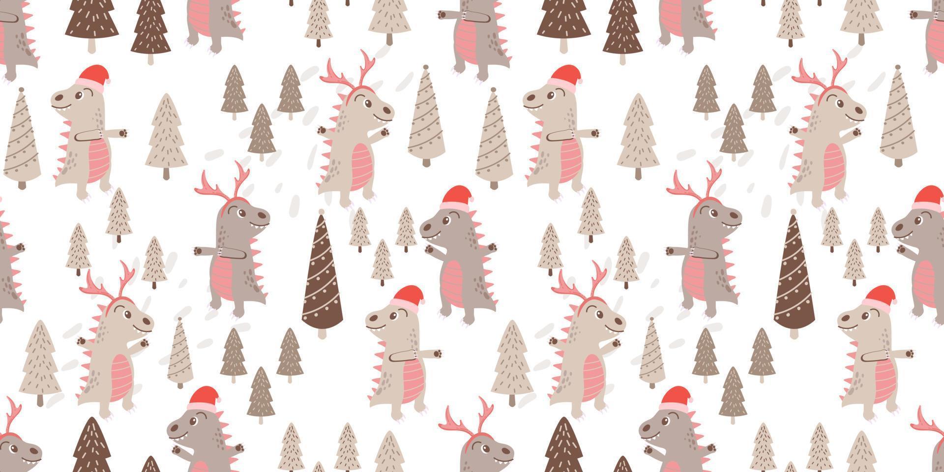 cute animal cartoon illustration winter with seamless pattern vector