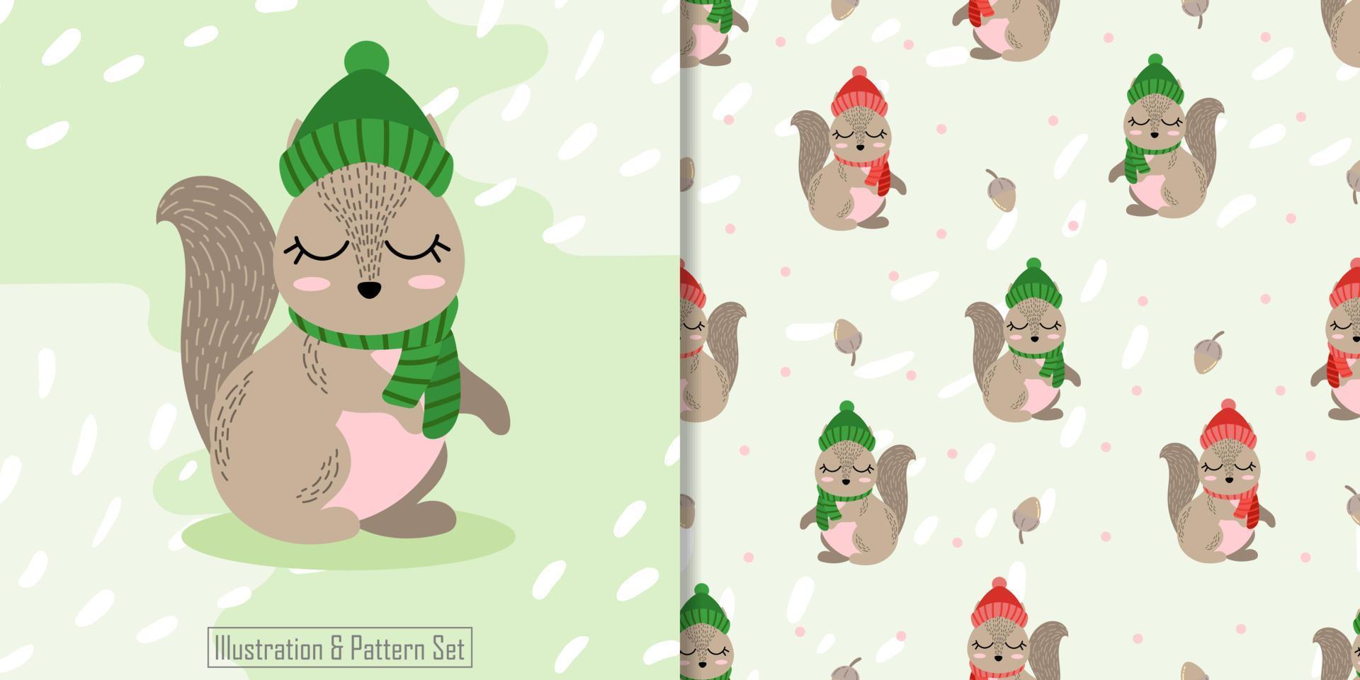 cute animal cartoon illustration winter with seamless pattern vector