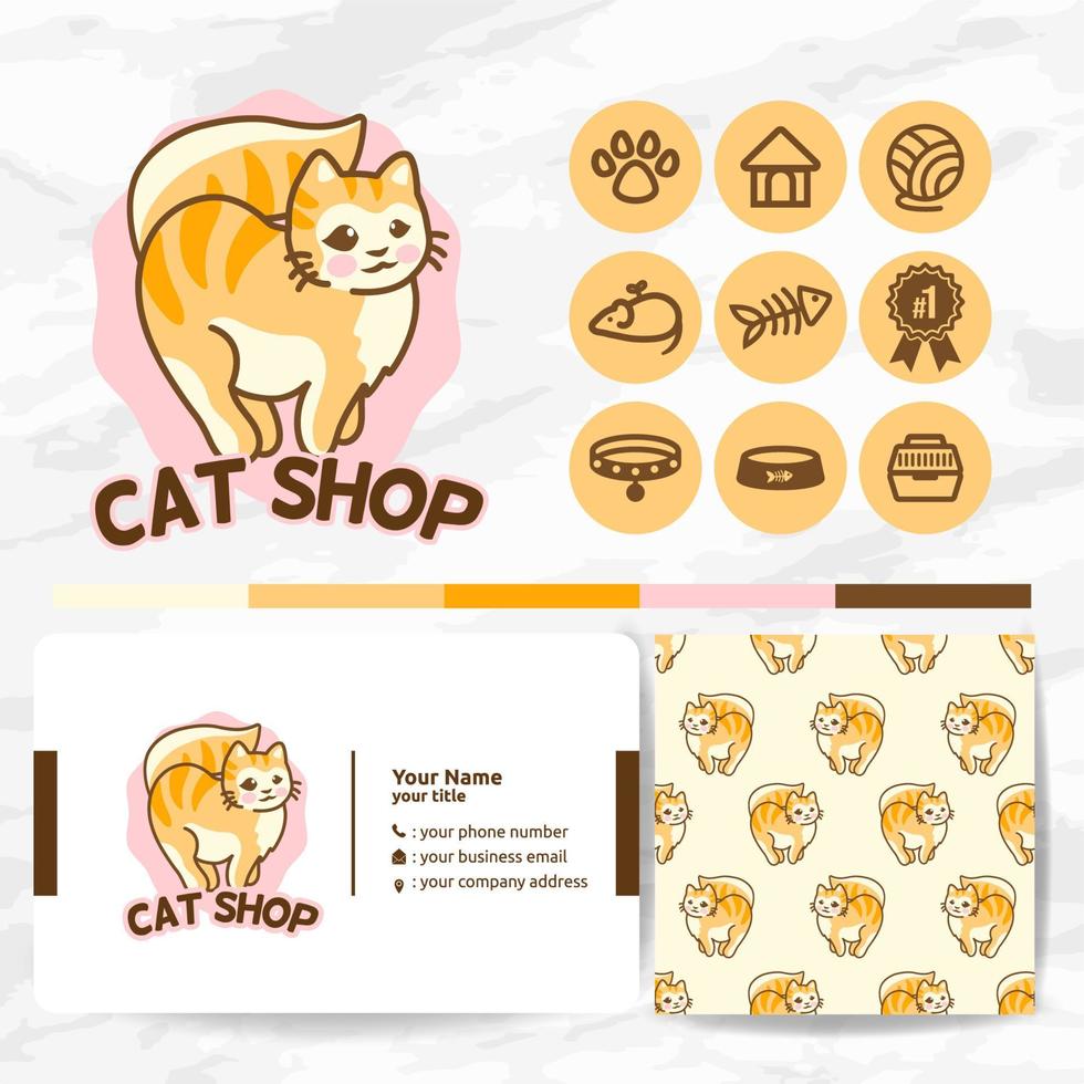 lindo logotipo de animal gato con paquetes de conjunto de iconos y patrones para colecciones de tiendas de mascotas vector