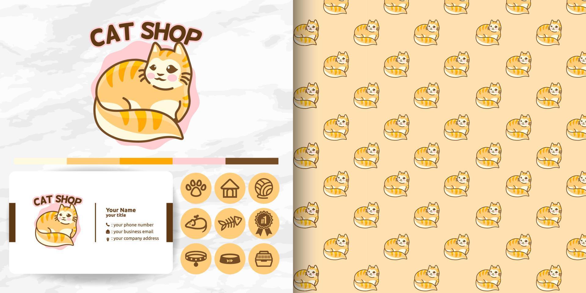cute cat animal logo with icon and pattern set bundles for pet shop collections vector