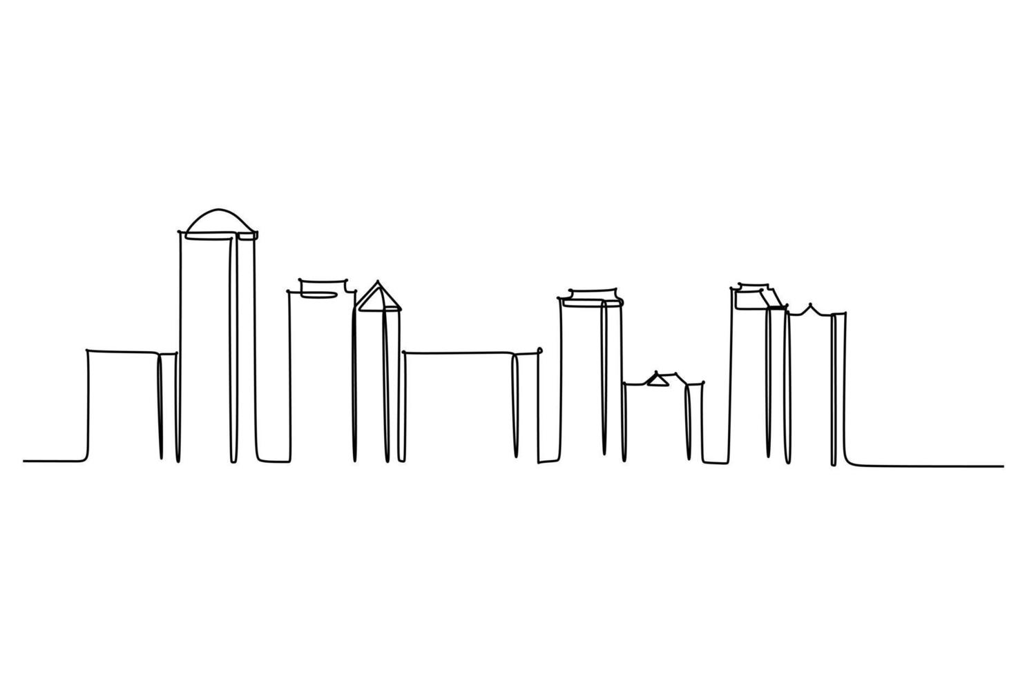 Single line drawing of apartment buildings. Town and buildings landscape model. Best holiday destination wall decor art. Editable trendy continuous line draw design vector illustration