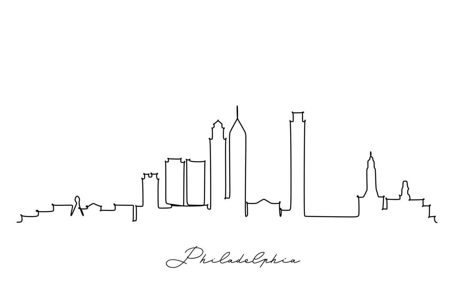 dibujo de una sola línea del horizonte de Filadelfia, EE. UU. modelo de paisaje de ciudad y edificios. el mejor arte de decoración de pared de destino de vacaciones. Ilustración de vector de diseño de dibujo de línea continua de moda editable