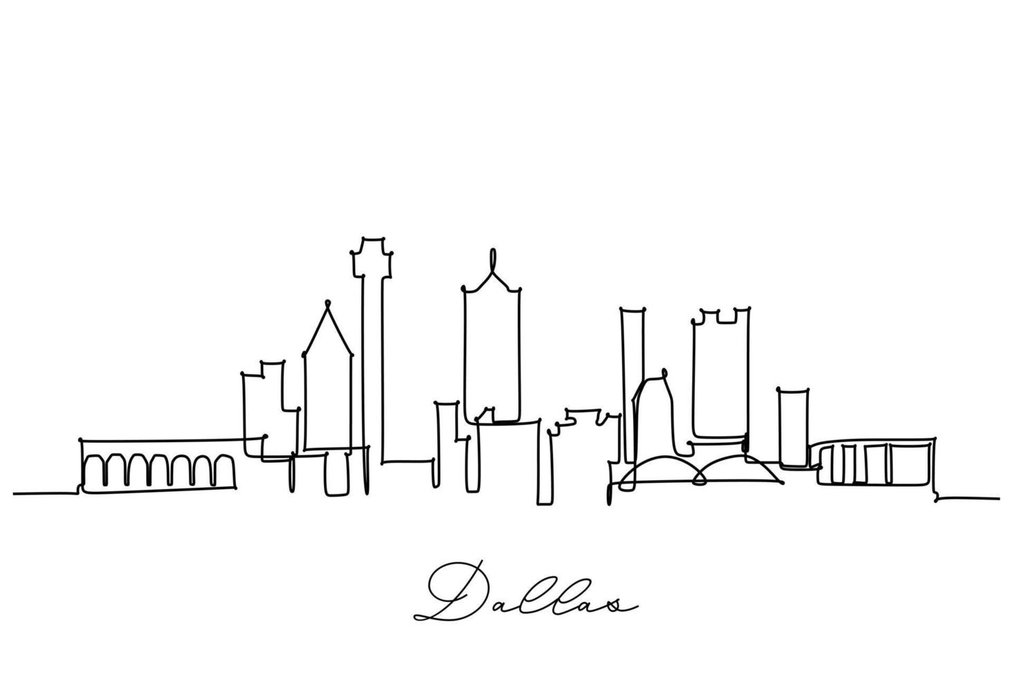 dibujo de una sola línea del horizonte de dallas usa. modelo de paisaje de ciudad y edificios. el mejor arte de decoración de pared de destino de vacaciones. Ilustración de vector de diseño de dibujo de línea continua de moda editable