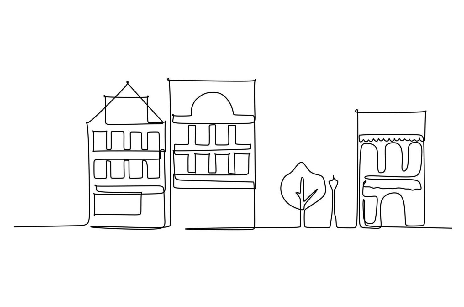 Single line drawing of residence skyline. Town and buildings landscape model. Best holiday destination wall decor art. Editable trendy continuous line draw design vector illustration