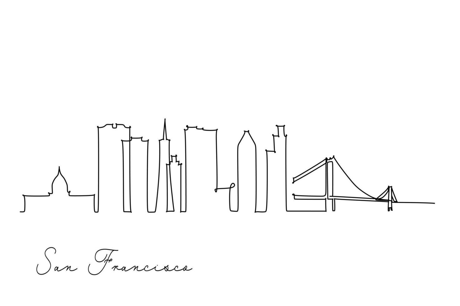 Single line drawing of San Francisco USA skyline. Town and buildings landscape model. Best holiday destination wall decor art. Editable trendy continuous line draw design vector illustration
