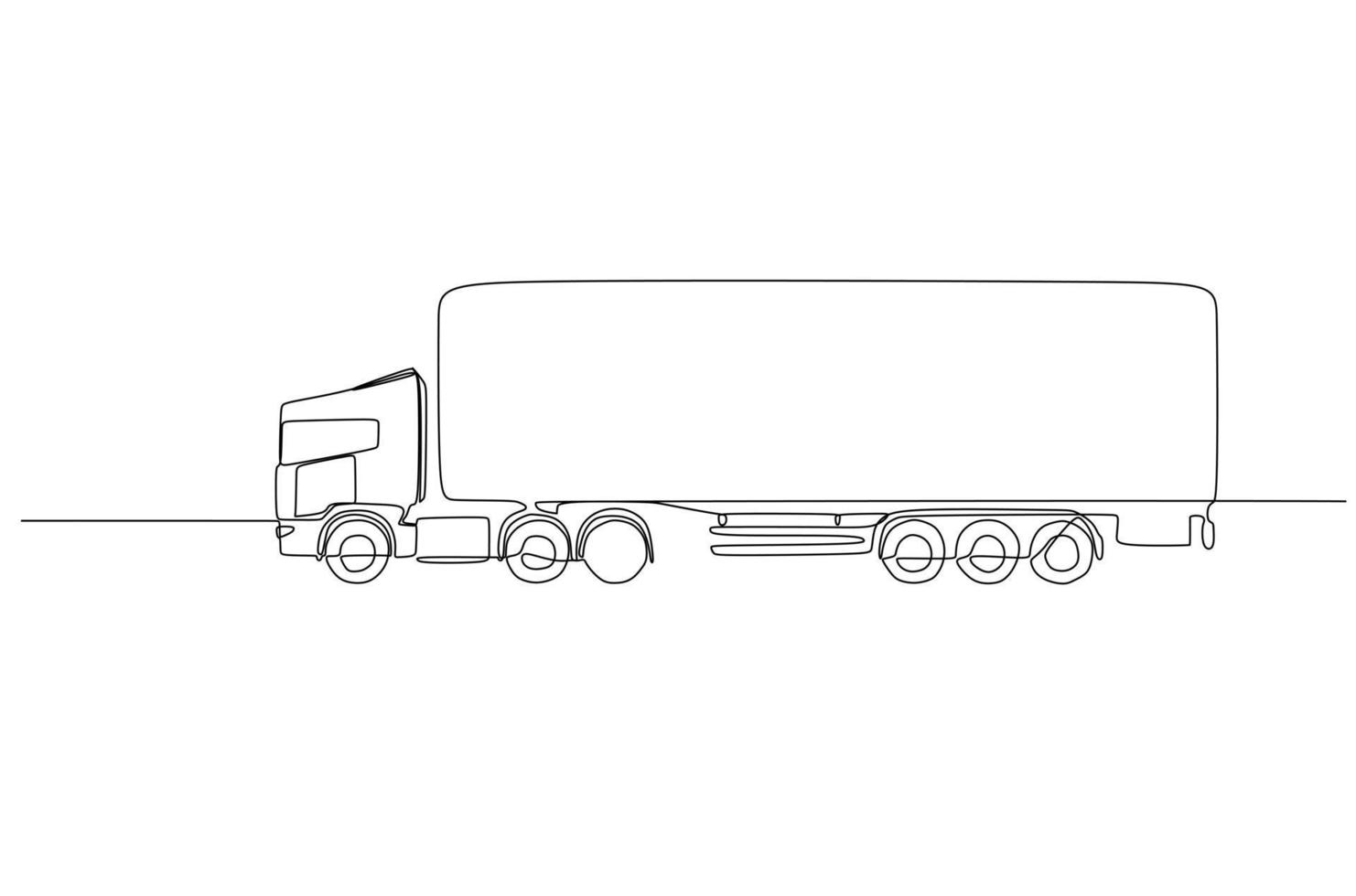 Industrial grade bonnet long hauler diesel semi truck trailer running with commercial cargo. Continuous one line drawing vector