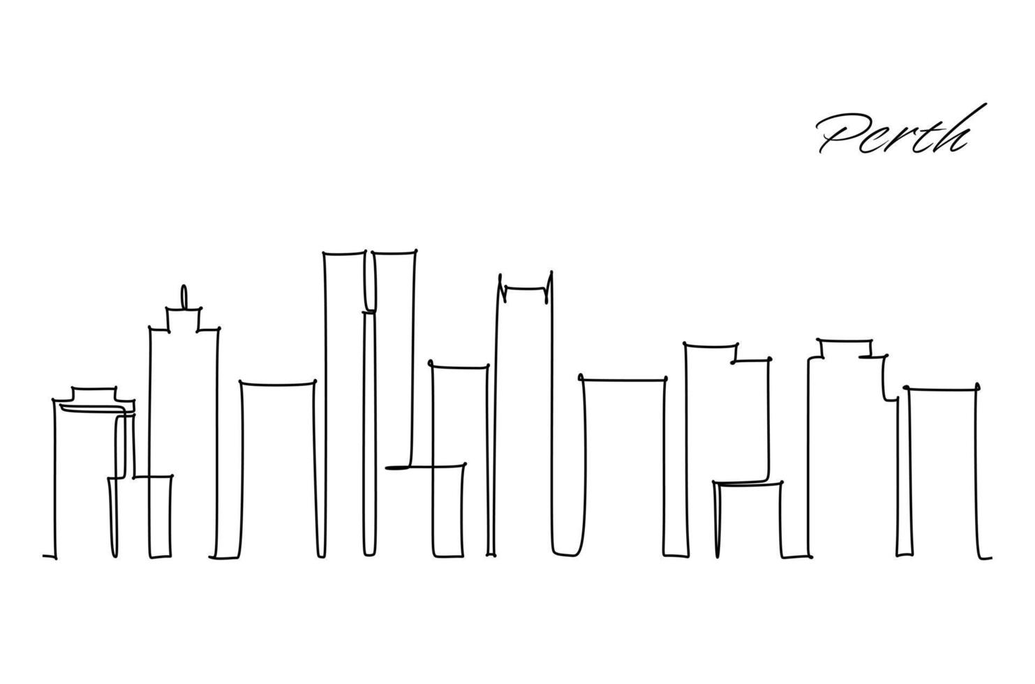 One continuous line drawing of Perth city skyline, Australia. Beautiful landmark. World landscape tourism travel vacation poster. Editable stylish stroke single line draw design vector illustration