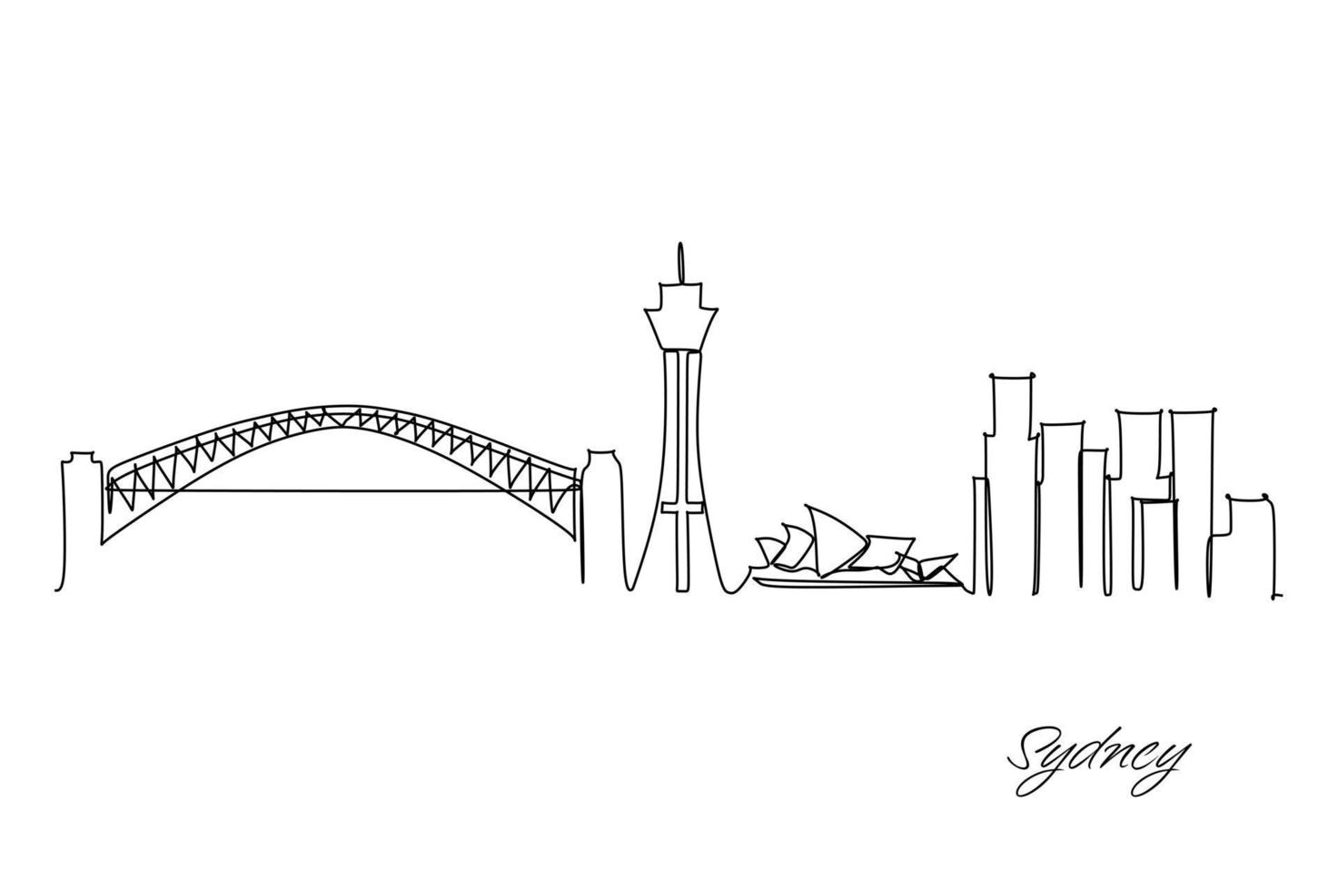 City silhouette Sydney in pen line style drawing with black lines on white background. Continuous line drawing vector