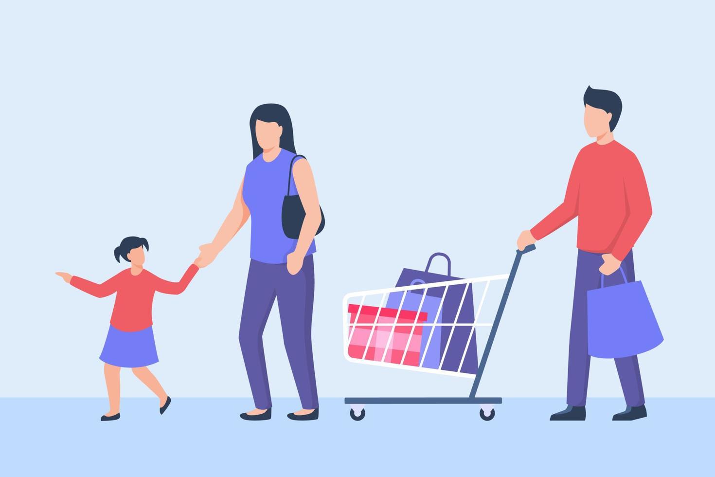 Familia de compras con padre, madre e hija con carro carro vector