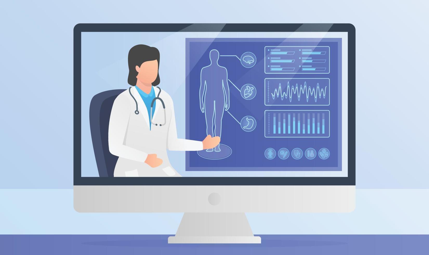 Presentación médica en línea informes médicos del cuerpo humano en la pantalla de la computadora del monitor con un estilo plano moderno vector