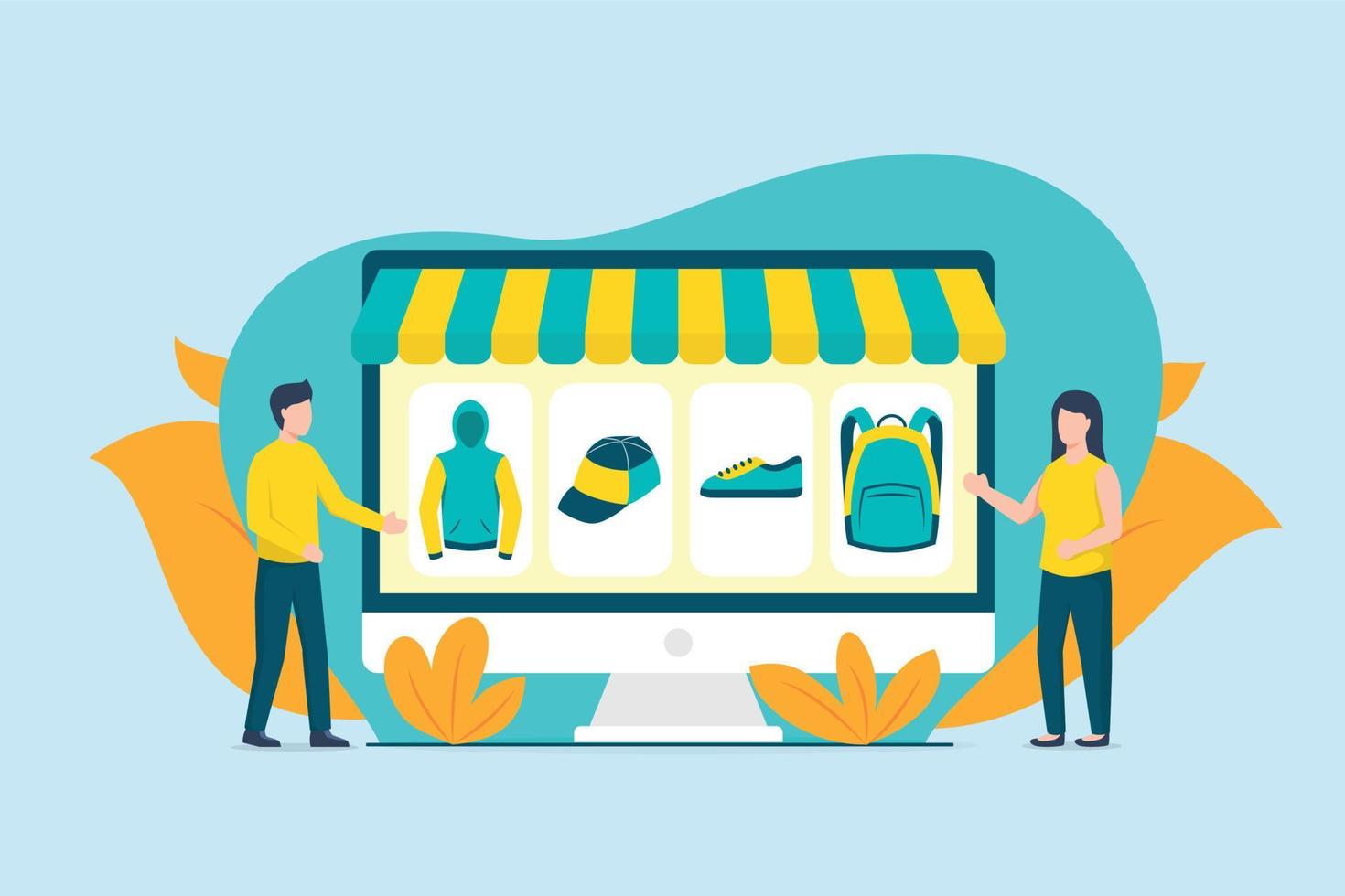 online shopping with computer desktop with couple man and woman with modern color tone vector