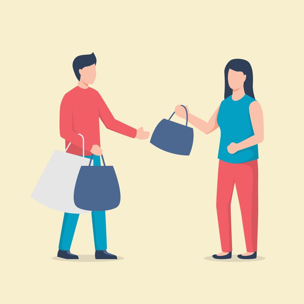 couple man and woman shopping with many shopping hand bag isolated vector