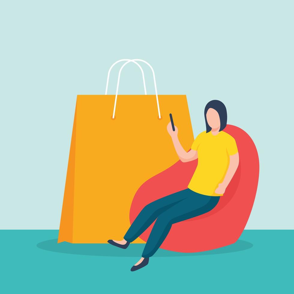 Concepto de teléfono móvil con una mujer sentada en el sillón sofá con grandes bolsas de la compra. vector