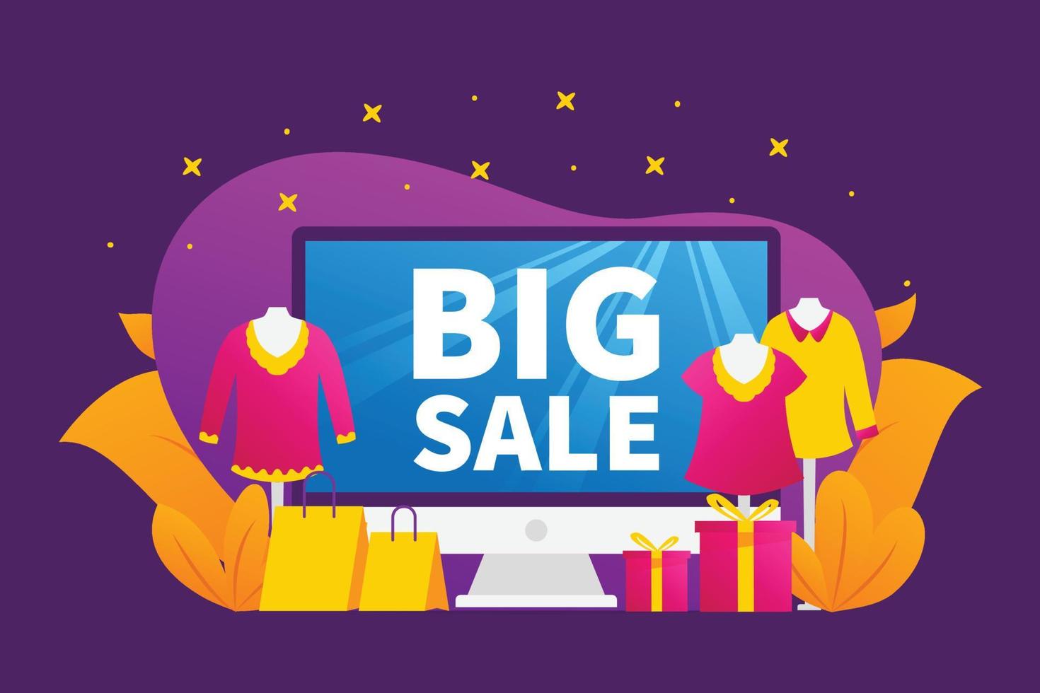 big sale concept with computer desktop screen and various fashion goods with vivid purple background vector