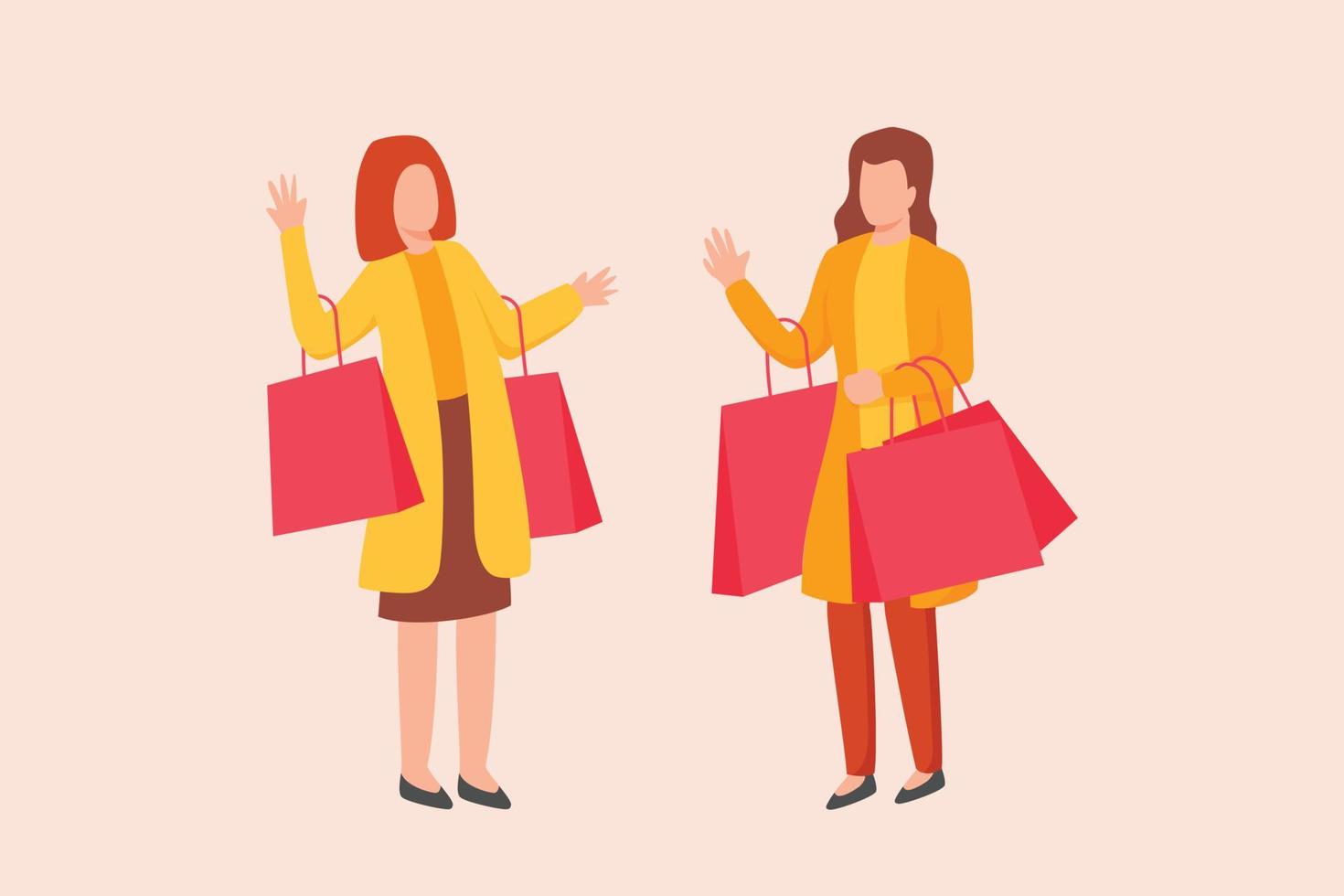 two woman with a lot of shopping bag happy talking and discussion vector