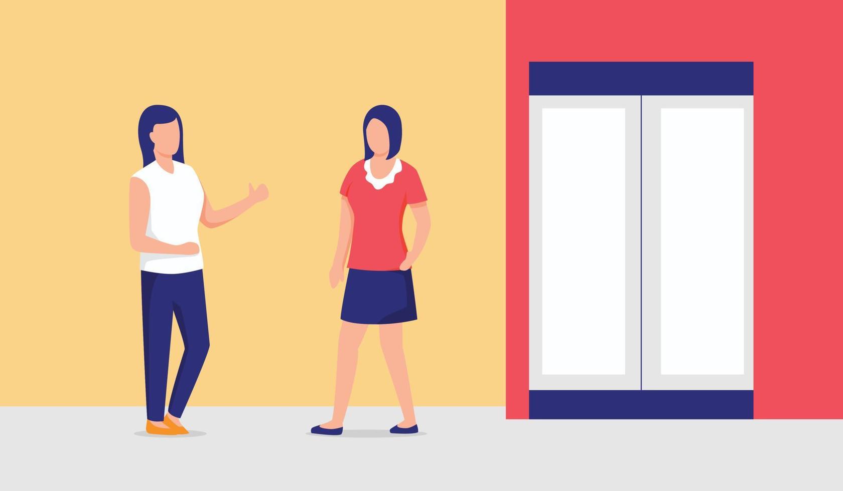 two woman discuss in front of store with modern flat style vector