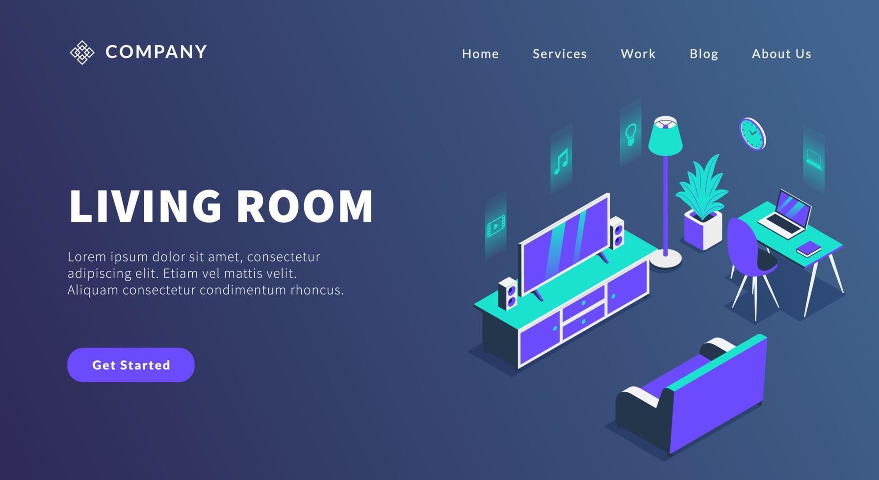 concepto de sala de estar con televisión, entretenimiento en el hogar y sofá para la plantilla del sitio web o la página de inicio de aterrizaje vector