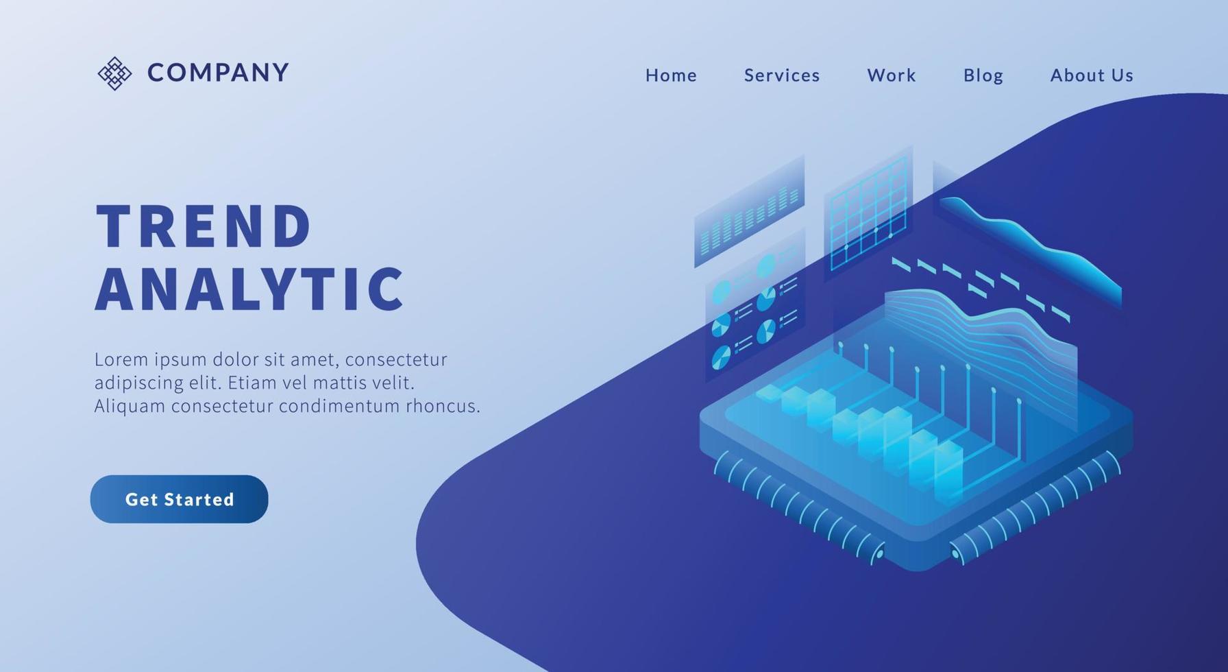 trend analysis or analytic data graph and chart for website template or landing homepage with isometric style vector