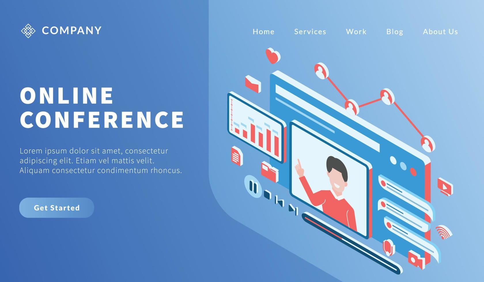 online video conference with man teaching lesson course for website template or landing homepage vector