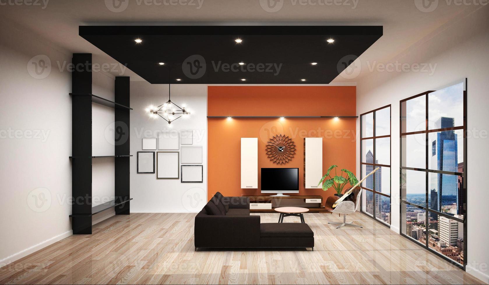 working room with sofa and decoration work room, white tile design and orange wall background. 3d rendering photo