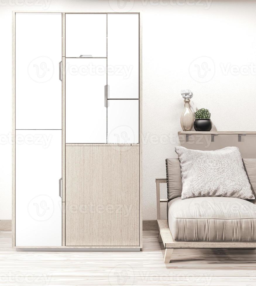 Modern wardrobe wooden japanese style and sofa armchair wooden on Empty room minimal interior.3D rendering photo