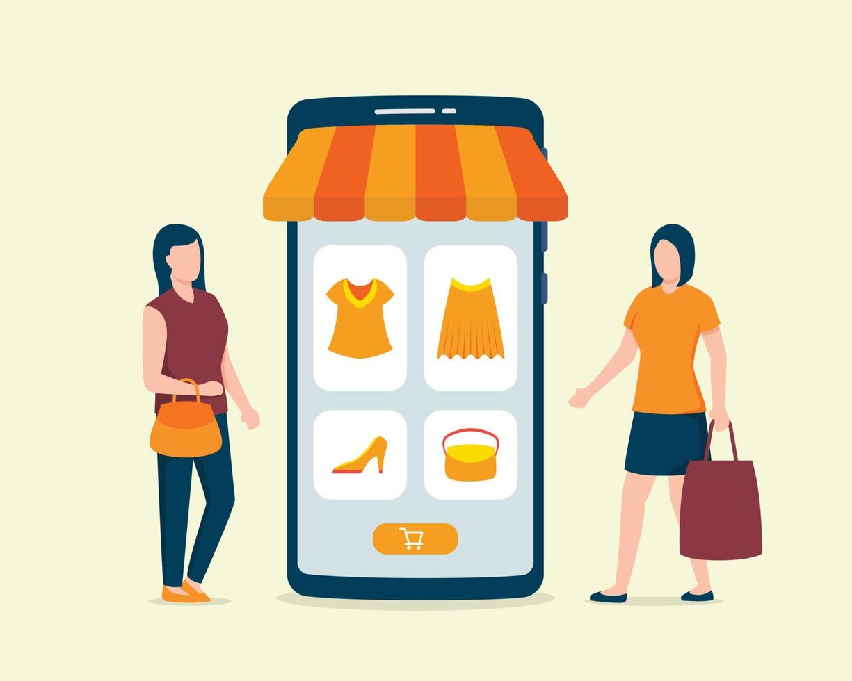 concepto de compra móvil con dos mujeres compradoras con aplicaciones de teléfonos inteligentes y el icono de la moda de comercio electrónico vector