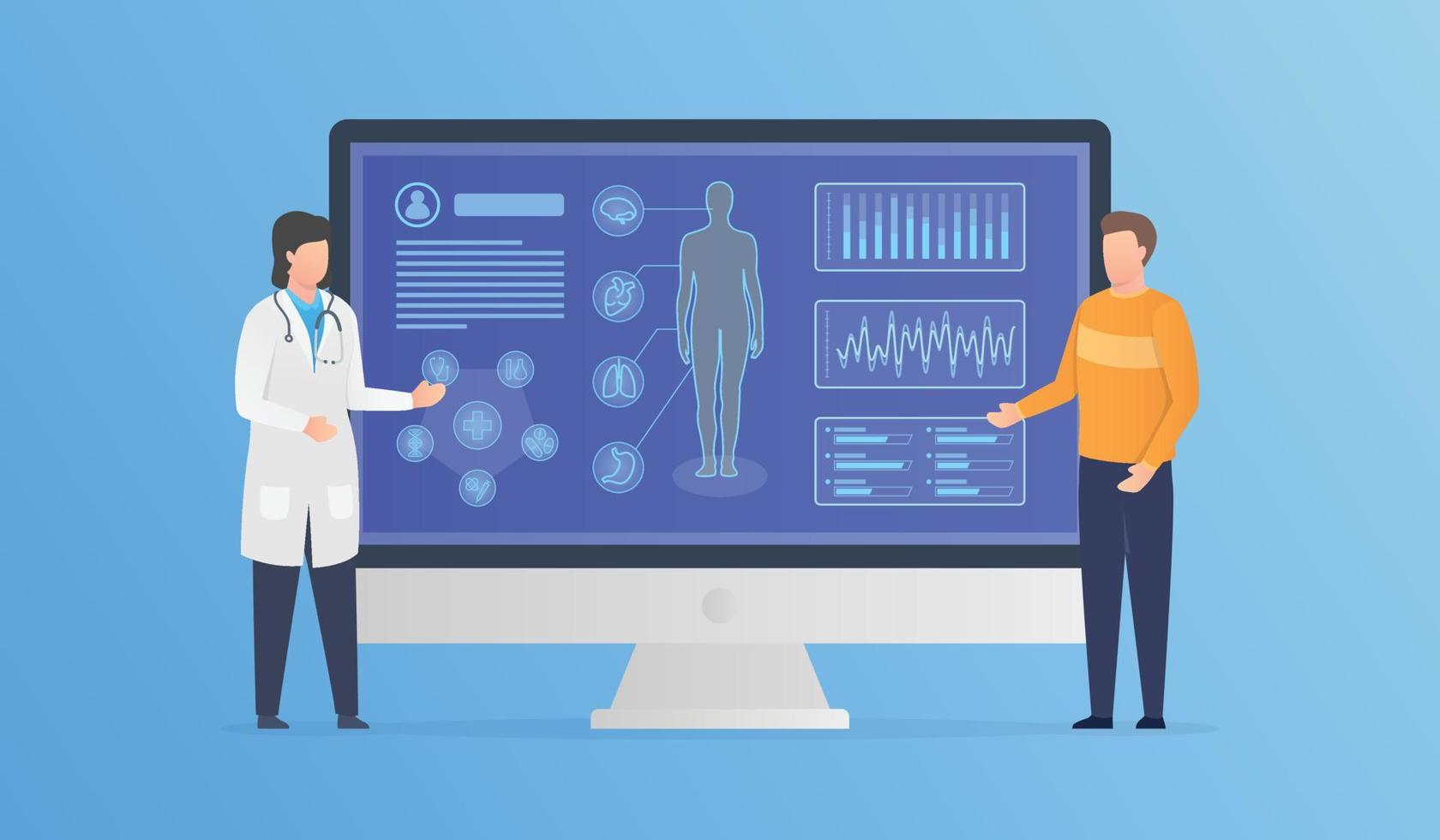 Análisis de la salud del cuerpo humano con consulta médica y paciente con infografía moderna estilo plano moderno vector