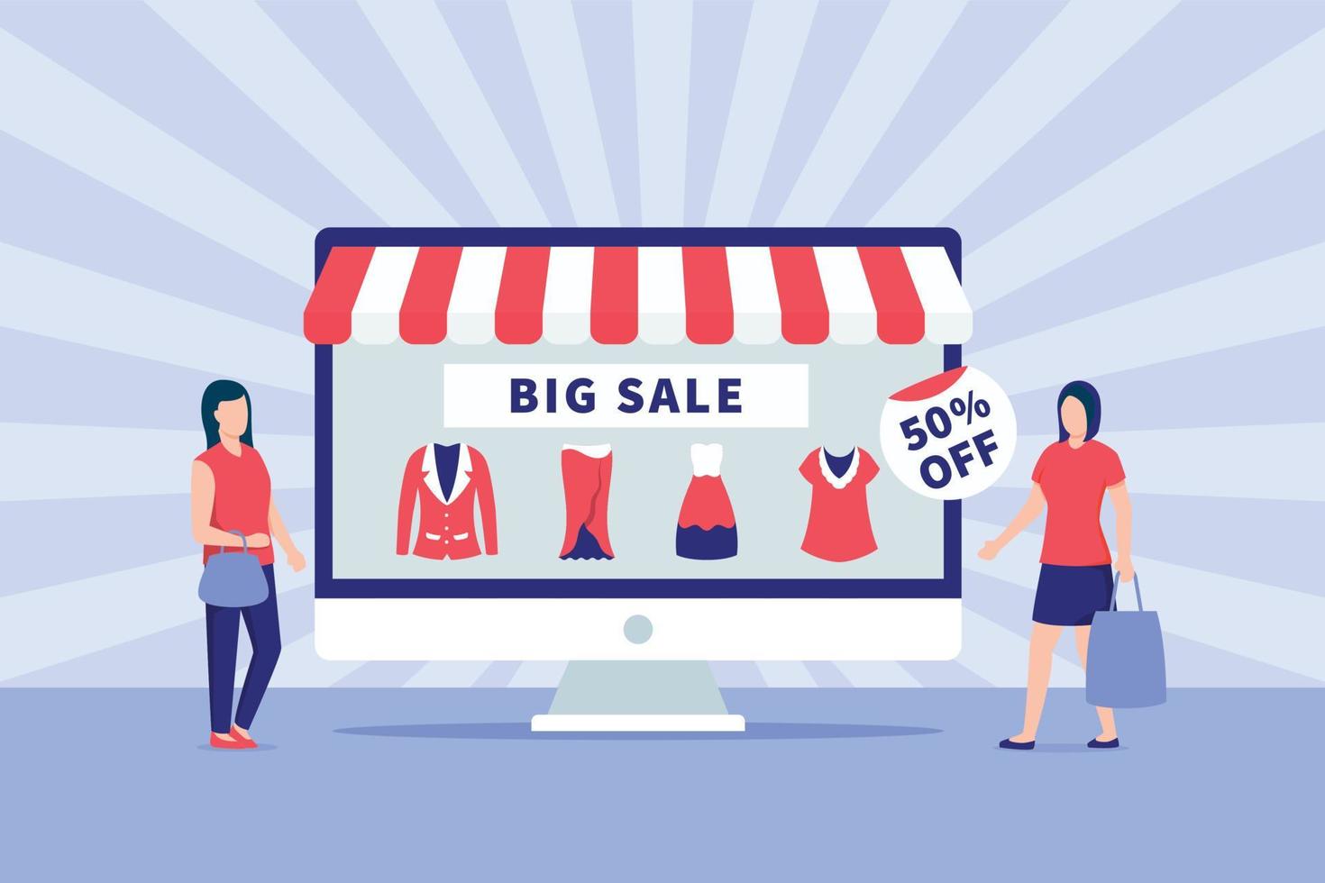 big sale promotion ecommerce banner with people and computer monitor screen vector