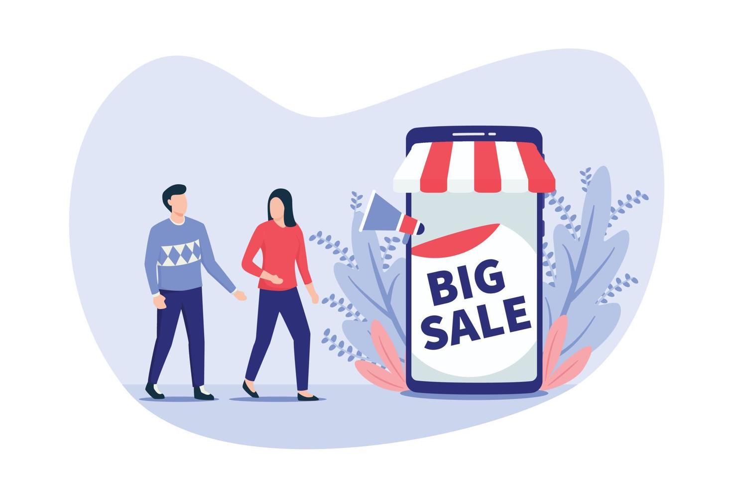 ecommerce bigsale with people and smartphnone big sale poster with modern flat style vector