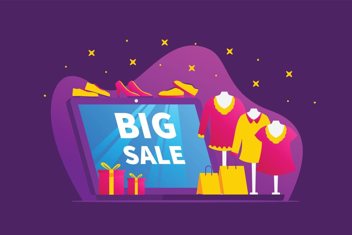 big sale concept with laptop and vivid dark background color for ecommerce online shop with modern flat style vector